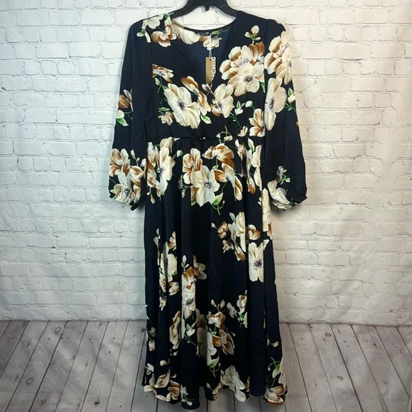 BloomChic Navy Floral Surplice Neck Lantern Sleeve Pocket Dress Size Large 12 - Picture 2 of 7